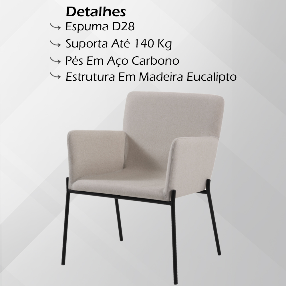 Kit 2 Poltronas Decorativas Pes Em Aço Preto 7051 Linho Bege Dmobiliario