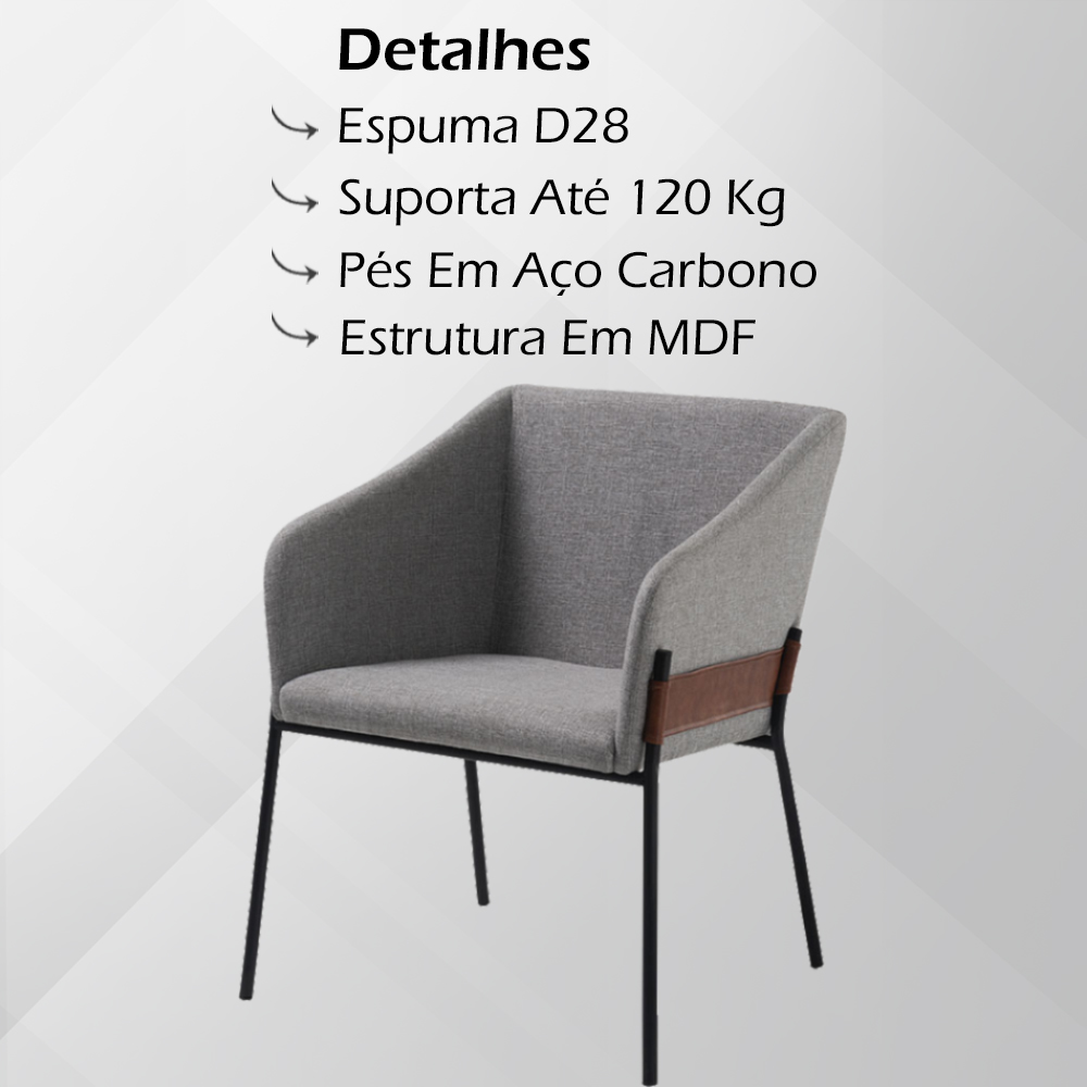 Poltrona Decorativa Base Em Aço Preto 7042 Linho Cinza Dmobiliario