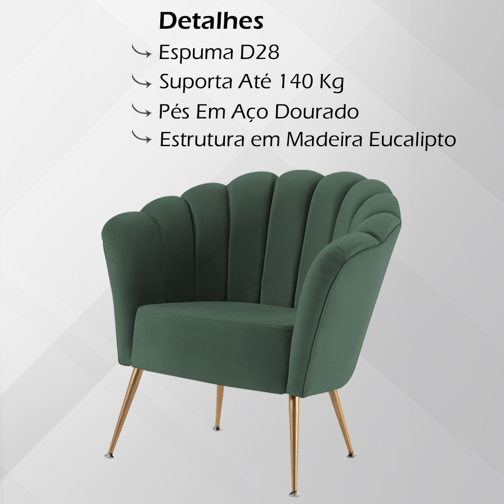 Poltrona Decorativa Pes Aço Dourado 7048 Veludo Verde Dmobiliario