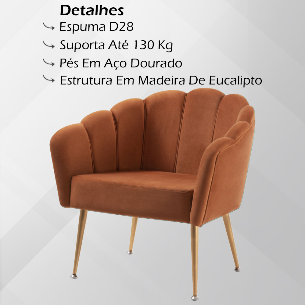 Poltrona Decorativa Pes Aço Dourado 7049 Veludo Caramelo Dmobiliario