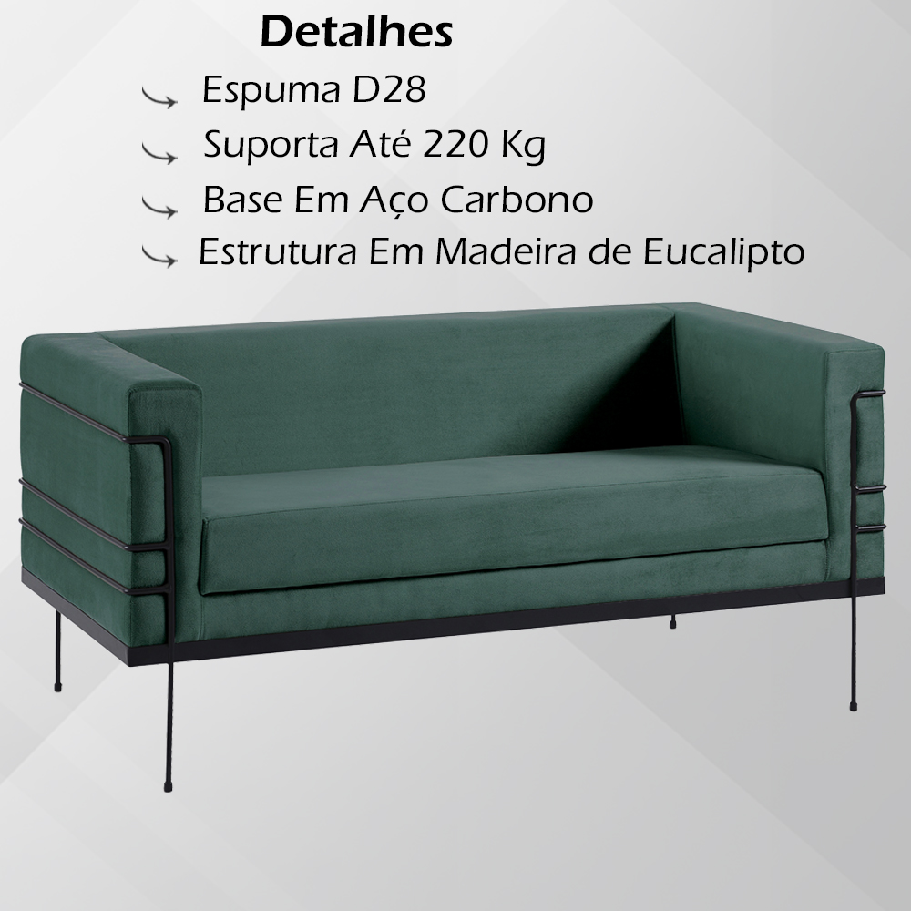 Sofa 2 Lug Base Aço Preto 135 cm 2064X2 Veludo Verde Dmobiliario