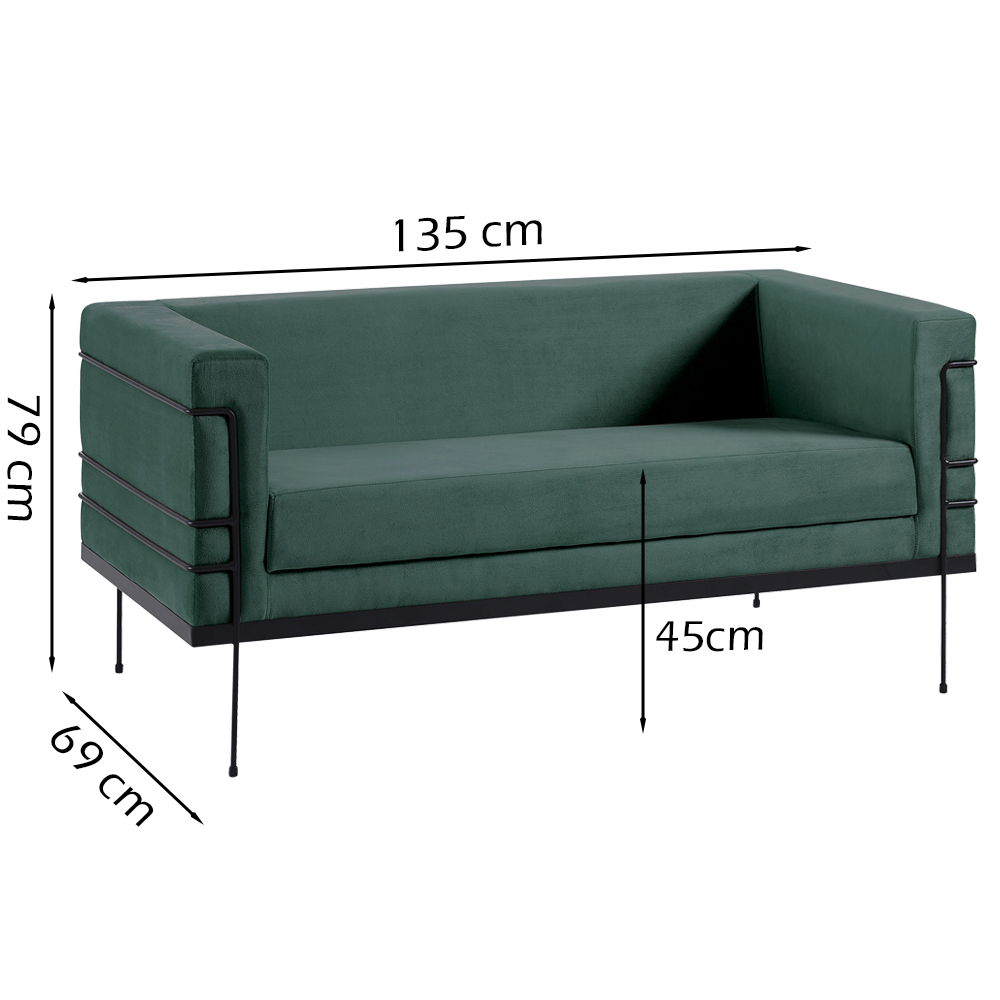 Sofa 2 Lug Base Aço Preto 135 cm 2064X2 Veludo Verde Dmobiliario