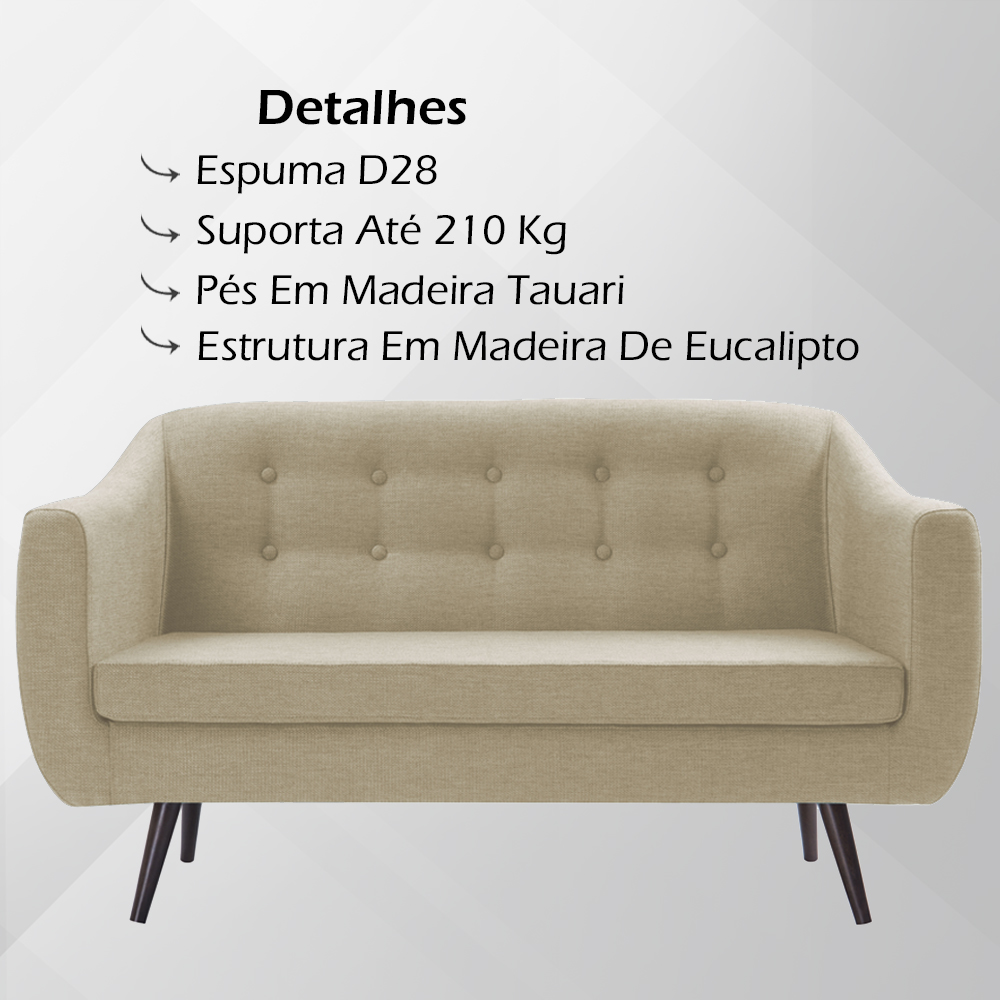 Sofa 2 Lug Pes Tabaco 135 cm 7017 Linho Bege Dmobiliario