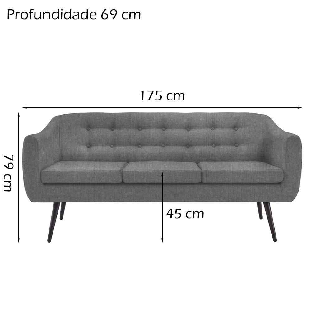 Sofa 3 Lug Pes Tabaco 175 cm 7019 Linho Cinza Dmobiliario