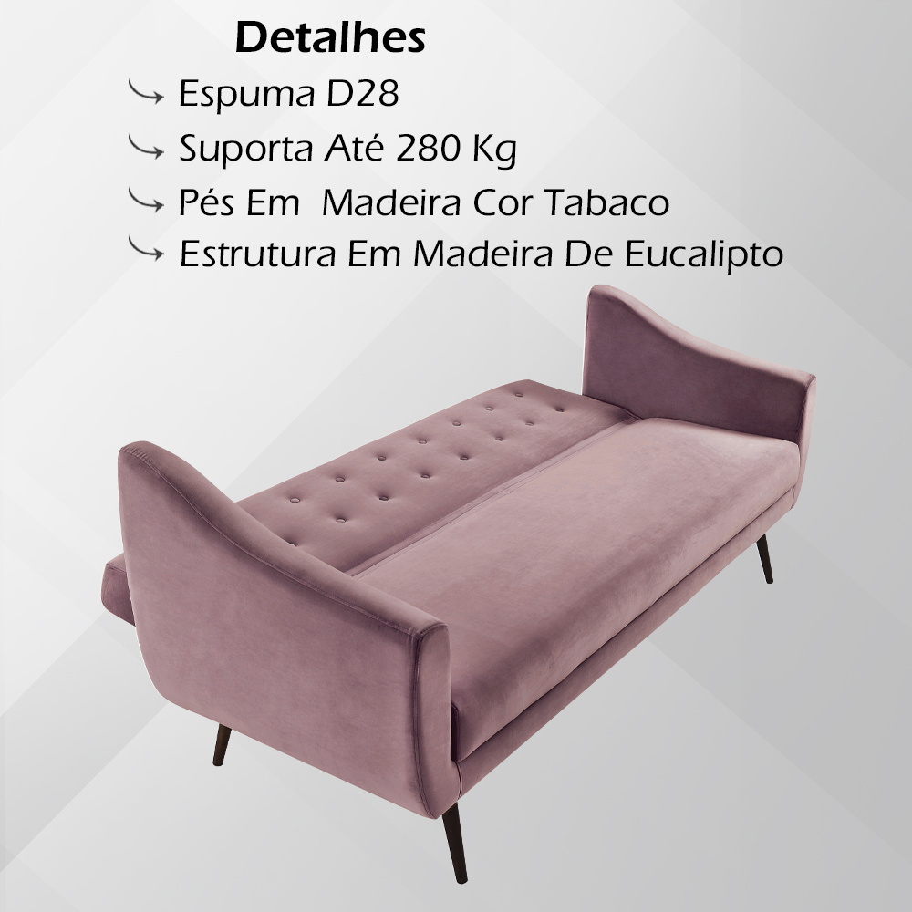 Sofa Cama 3 Lug Pes Tabaco 210 cm 7019X1 Veludo Rosa Dmobiliario