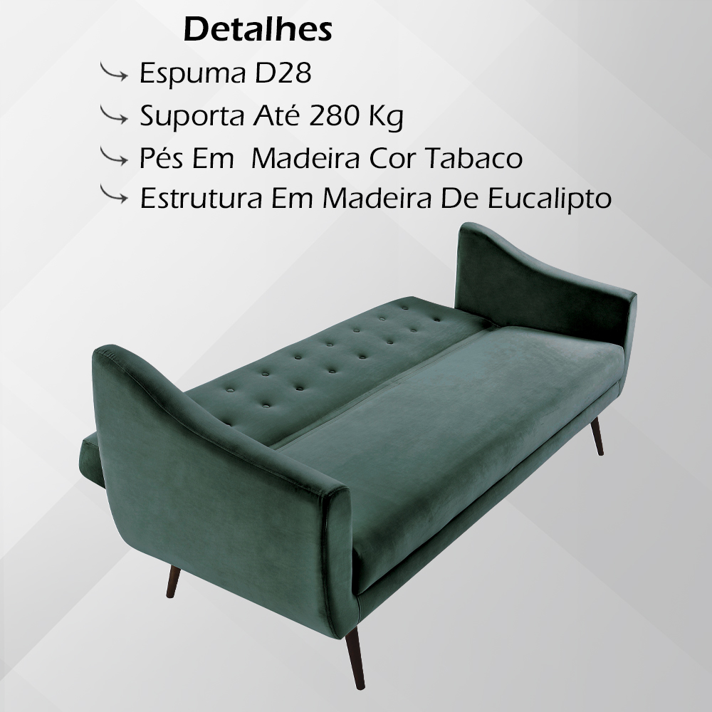 Sofa Cama 3 Lug Pes Tabaco 210 cm 7019X1 Veludo Verde Dmobiliario