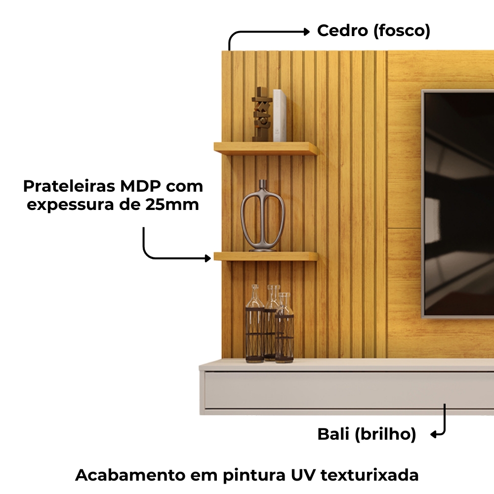  Painel Suspenso Tv 60 Pol 190 cm Bento Cedro Bali Dj Móveis