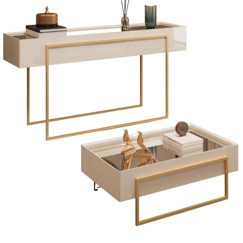 Aparador E Mesa Centro Kika Pes Metal Off White Dourado DJ MOVEIS