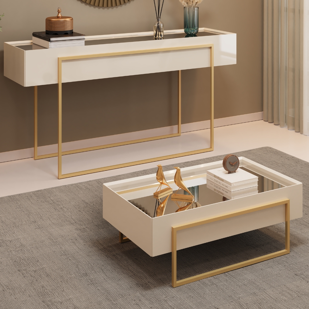 Aparador E Mesa Centro Kika Pes Metal Off White Dourado DJ MOVEIS