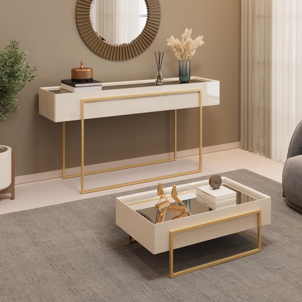 Aparador E Mesa Centro Kika Pes Metal Off White Dourado DJ MOVEIS