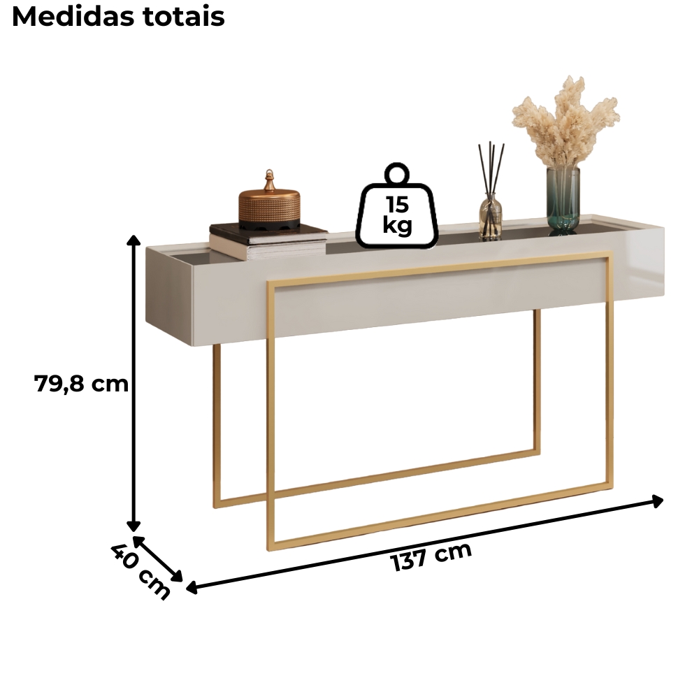 Aparador Tampo Espelhado 137 cm Pes Metal Kika Bali Dourado DJ MOVEIS