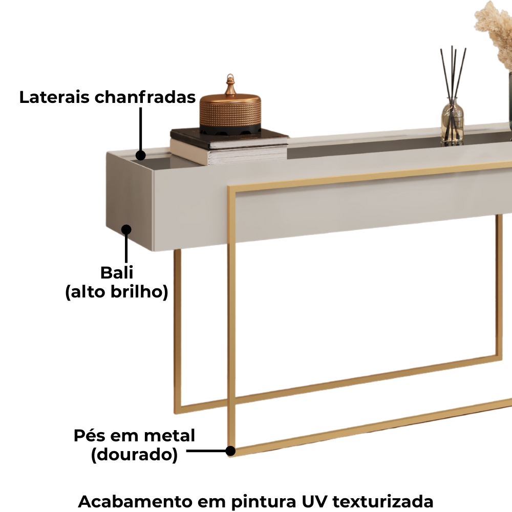 Aparador Tampo Espelhado 137 cm Pes Metal Kika Bali Dourado DJ MOVEIS
