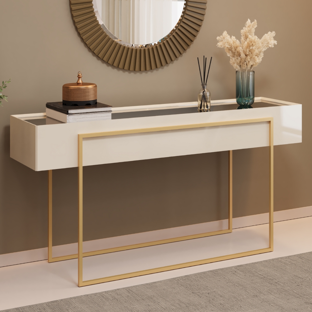 Aparador Tampo Espelhado 137 cm Pes Metal Kika Off White Dourado DJ MOVEIS