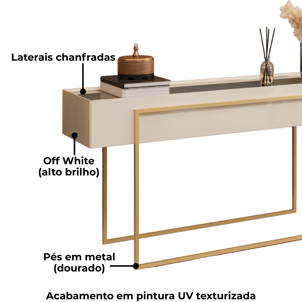 Aparador Tampo Espelhado 137 cm Pes Metal Kika Off White Dourado DJ MOVEIS