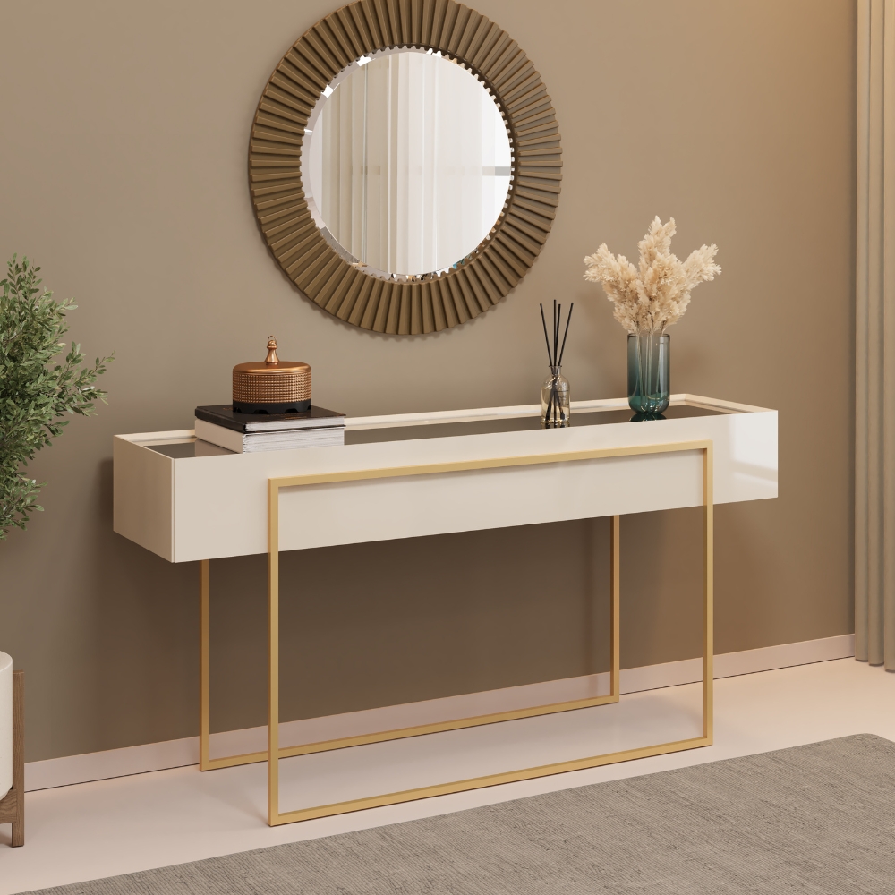 Aparador Tampo Espelhado 137 cm Pes Metal Kika Off White Dourado DJ MOVEIS