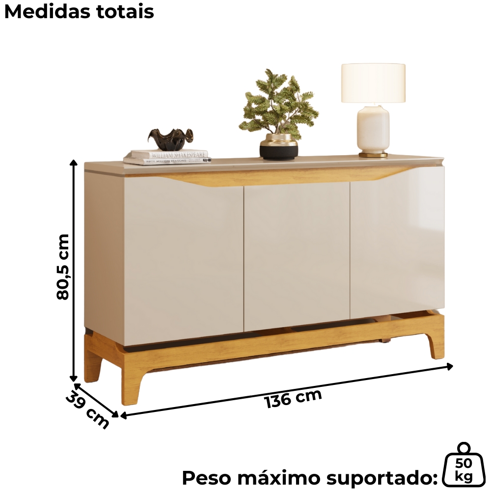 Balcao Buffet 3 Portas 136 cm Joile Cedro Off White DJ MOVEIS