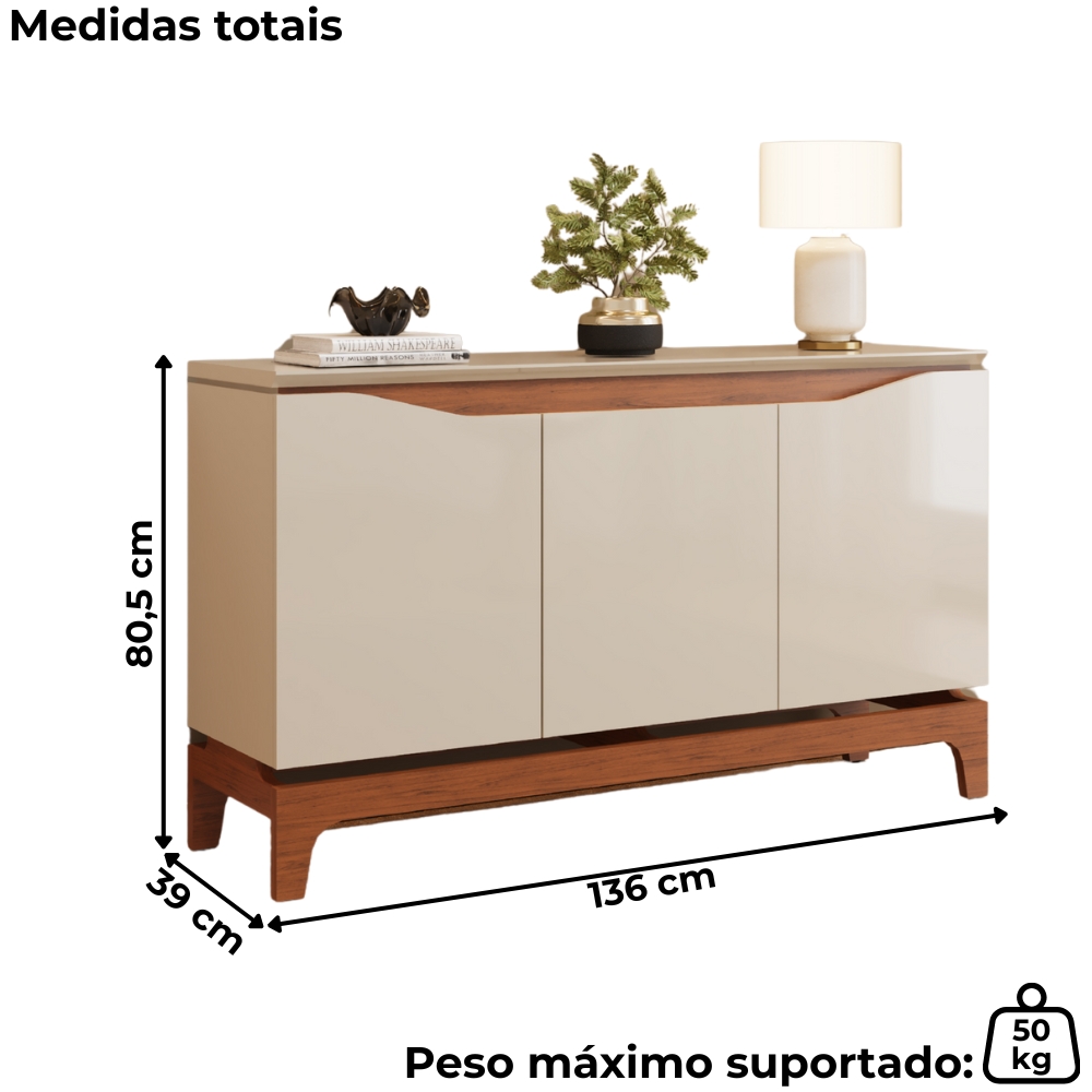 Balcao Buffet 3 Portas 136 cm Joile Freijo Off White DJ MOVEIS