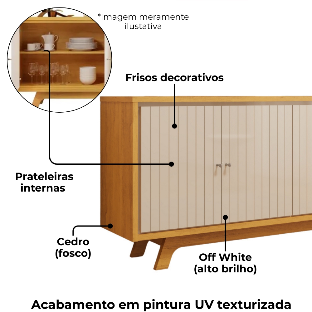 Balcao Buffet 4 Portas 180 cm Soleil Cedro Off White DJ MOVEIS