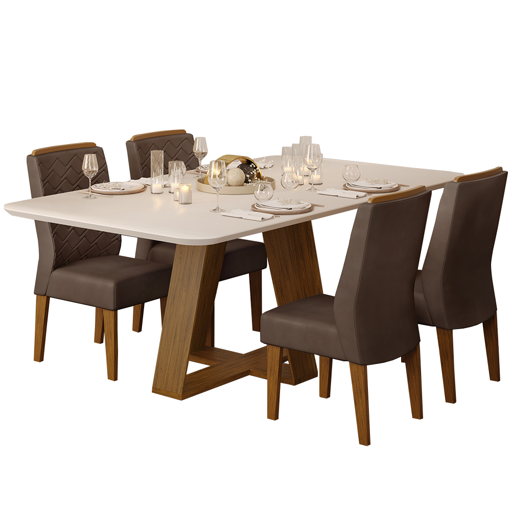Conj Sala Jantar 170x90 Freijo Off White Veludo Moca DJ Moveis