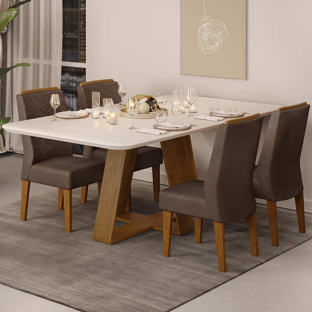 Conj Sala Jantar 170x90 Freijo Off White Veludo Moca DJ Moveis