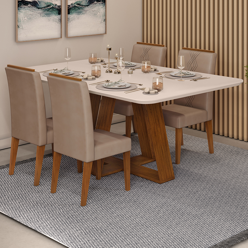 Conj Sala Jantar 170x90 Kiya Freijo Off White Veludo Kraft DJ Moveis