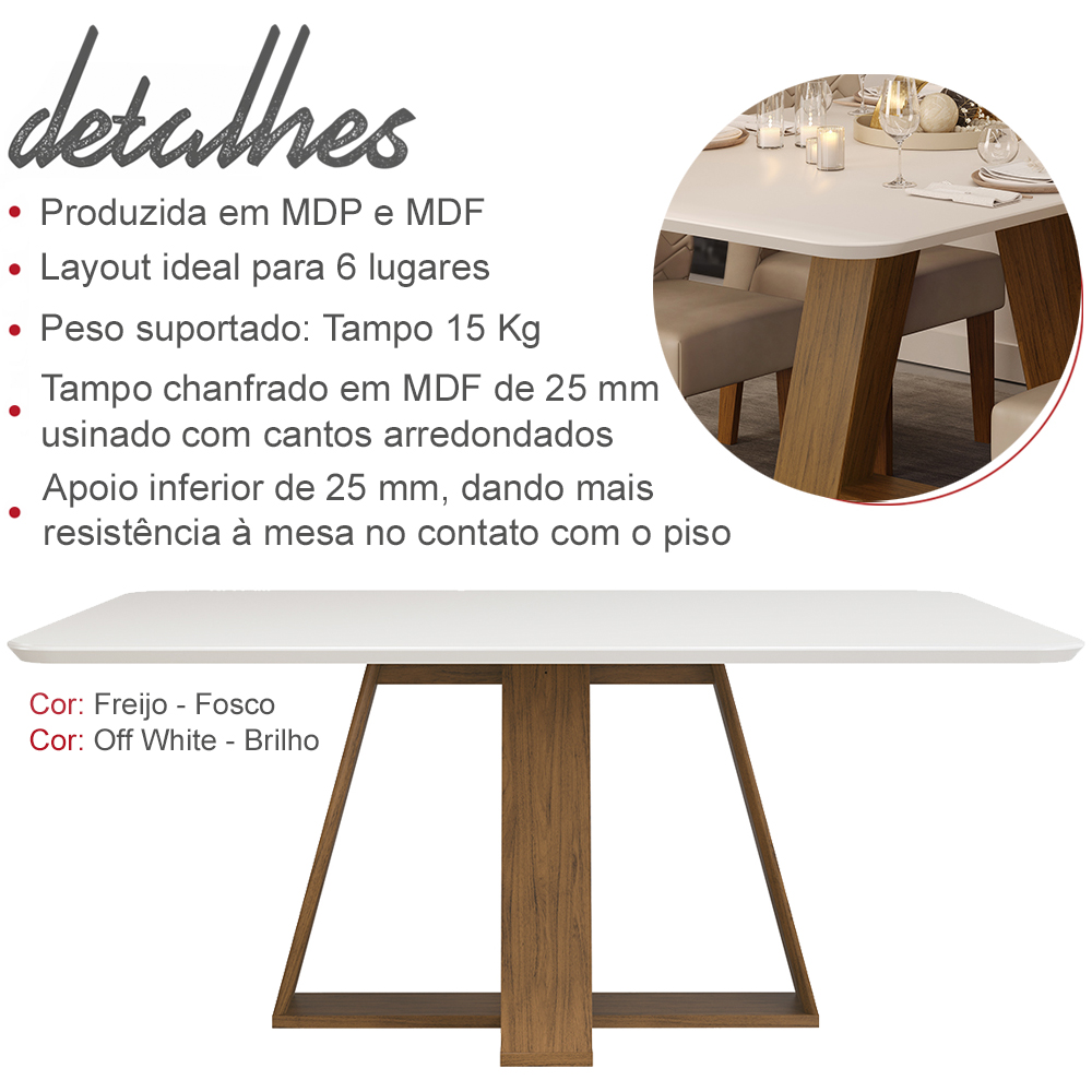 Conj Sala Jantar 170x90 Kiya Freijo Off White Veludo Kraft DJ Moveis