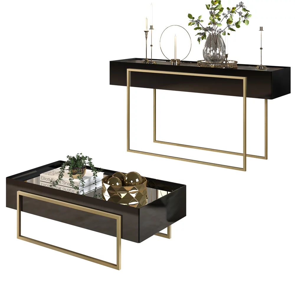 Conjunto Aparador e Mesa de Centro Espelhada Suri Preto Gloss - DJ Móveis