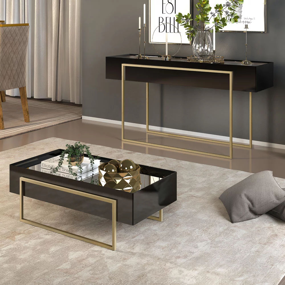 Conjunto Aparador e Mesa de Centro Espelhada Suri Preto Gloss - DJ Móveis