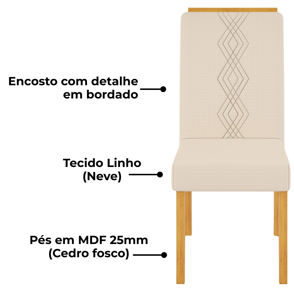 Kit 2 Cadeiras De Jantar Estofadas Yasmin Linho Neve Cedro Dj Moveis