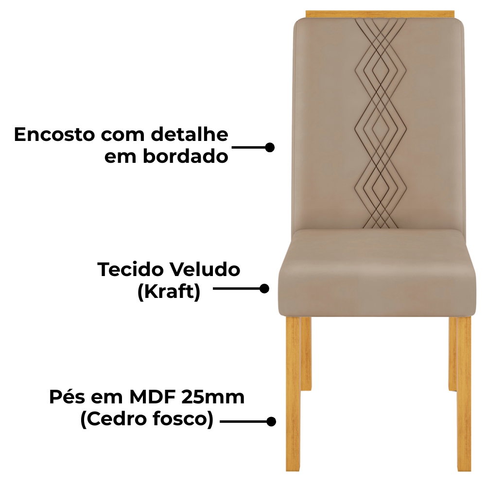Kit 2 Cadeiras De Jantar Estofadas Yasmin Veludo Kraft Cedro Dj Moveis