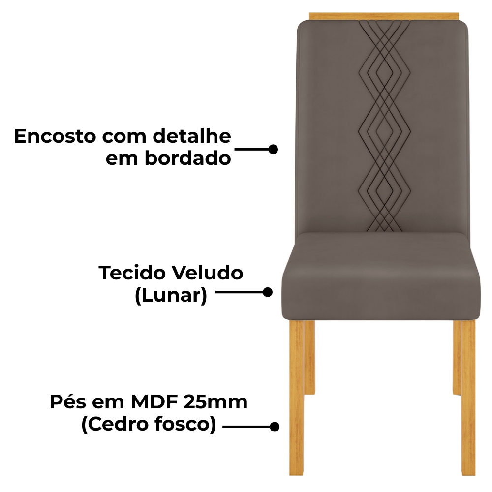 Kit 2 Cadeiras De Jantar Estofadas Yasmin Veludo Lunar Cedro Dj Moveis