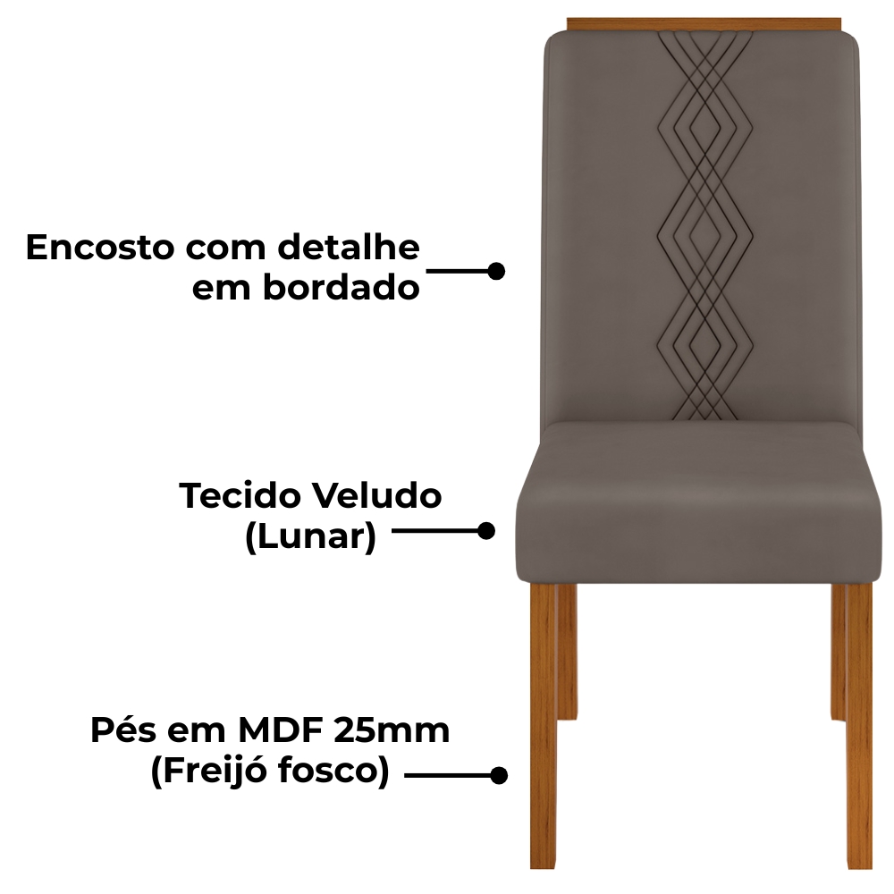 Kit 2 Cadeiras De Jantar Estofadas Yasmin Veludo Lunar Freijo Dj Moveis