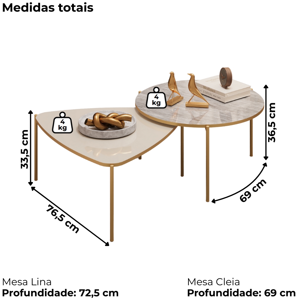 Kit 2 Mesas Centro Lina Cleia Pés Metal Off White Quartzo DJ MOVEIS