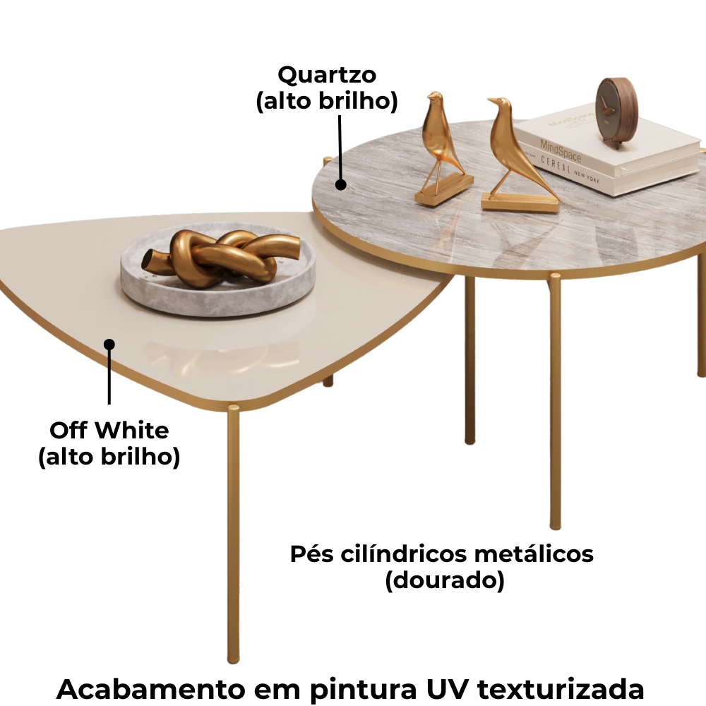 Kit 2 Mesas Centro Lina Cleia Pés Metal Off White Quartzo DJ MOVEIS