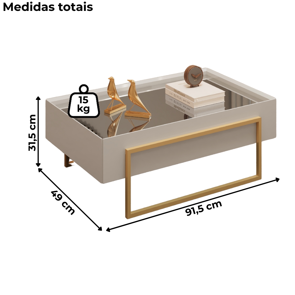 Mesa Centro Espelhada 92 cm Pes Metal Kika Bali Dourado DJ MOVEIS