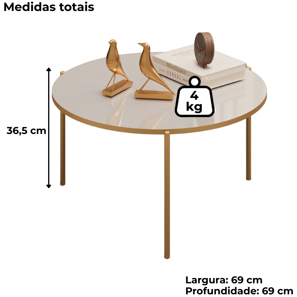 Mesa De Centro Redonda 69 cm Cleia Bali Dourado DJ MOVEIS