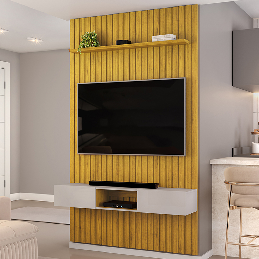 Painel Bancada Tv 60 Pol Ripado 240X144 cm Trento Cedro Bali Dj Moveis