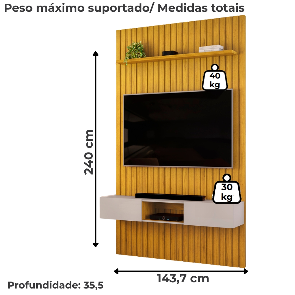 Painel Bancada Tv 60 Pol Ripado 240X144 cm Trento Cedro Bali Dj Moveis
