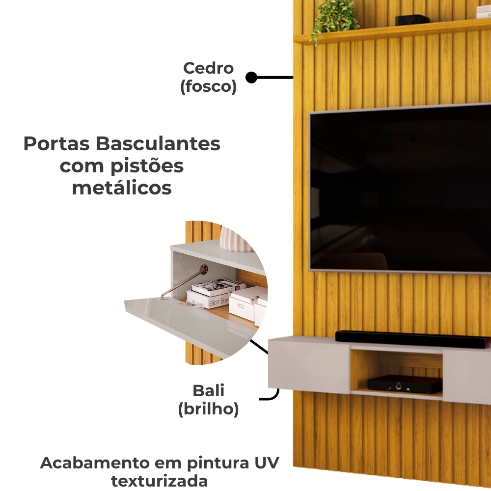 Painel Bancada Tv 60 Pol Ripado 240X144 cm Trento Cedro Bali Dj Moveis