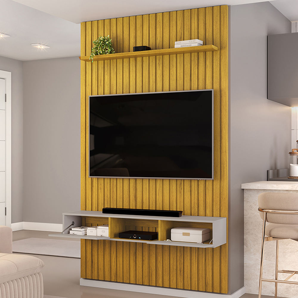 Painel Bancada Tv 60 Pol Ripado 240X144 cm Trento Cedro Bali Dj Moveis