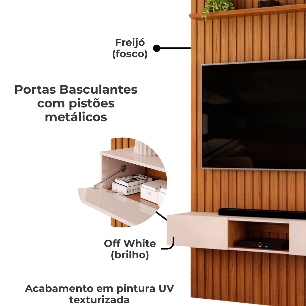 Painel Bancada Tv 60 Pol Ripado 240X144 cm Trento Freijo Off White Dj Moveis