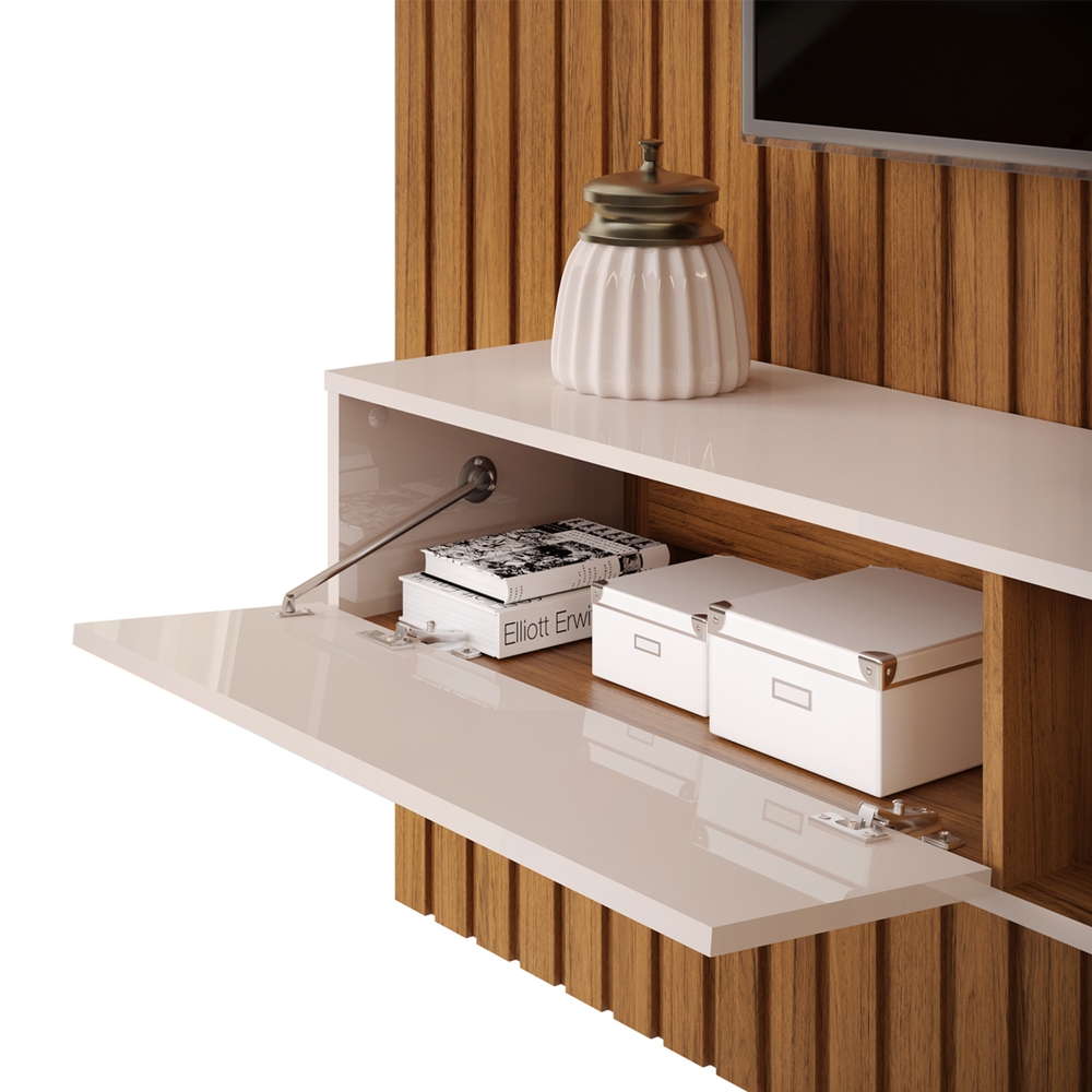 Painel Bancada Tv 60 Pol Ripado 240X144 cm Trento Freijo Off White Dj Moveis