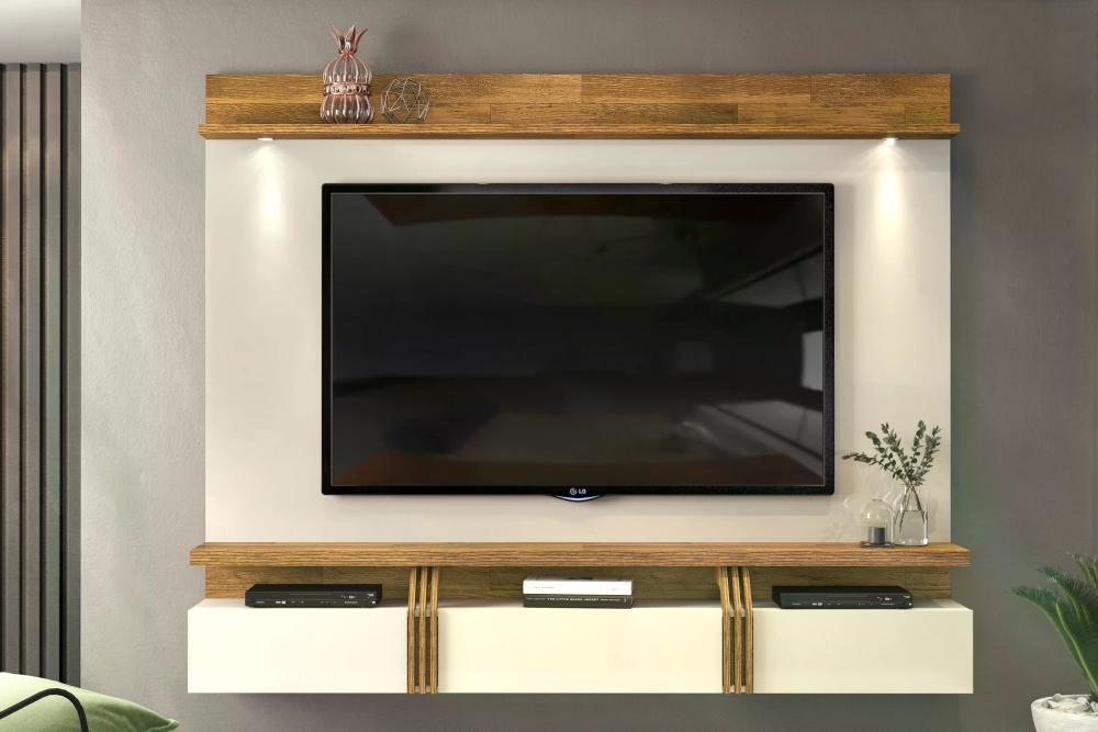 Painel Home Suspenso para Tv até 70 Polegadas 3 Portas Basculante Loren - Creme/Tronco Ripado