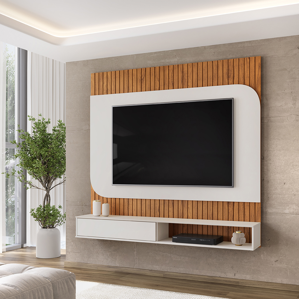 Painel Para Tv 65 Pol 1 Porta 150 cm Tom Freijo Off White Dj Moveis