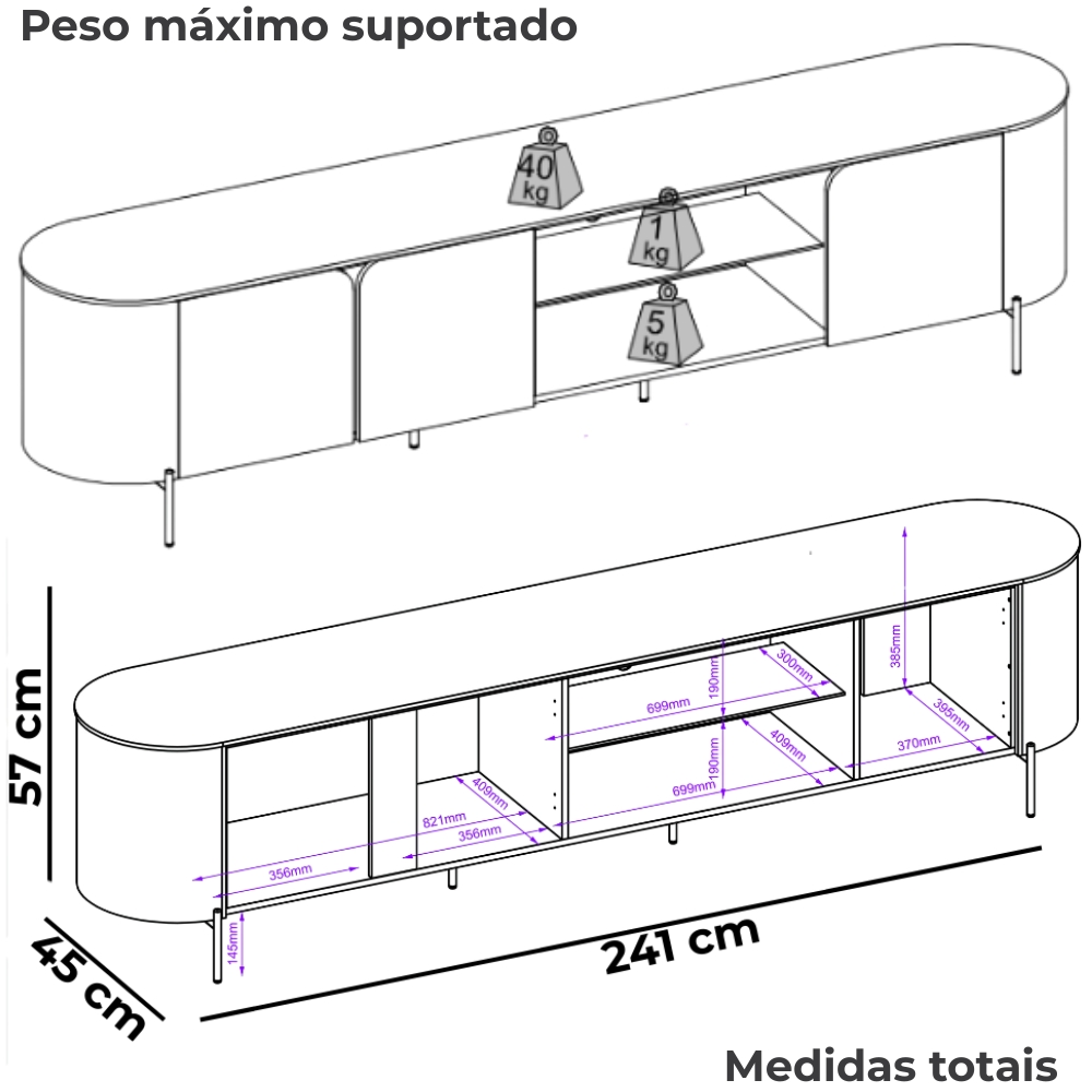 Painel Para Tv 75 Pol E Rack Bancada MDF Ariana Off White Dj Moveis