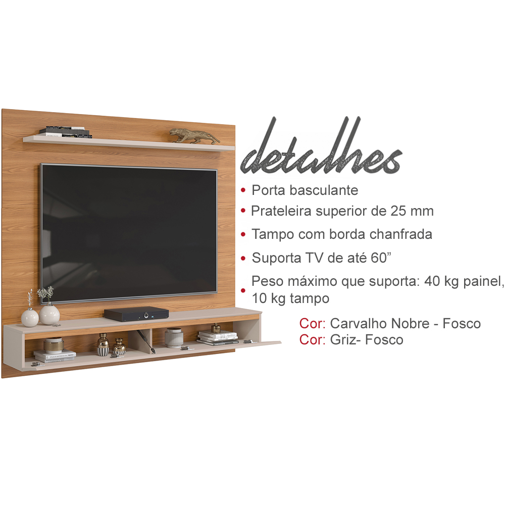 Painel Suspenso TV 60 Pol 160 cm 27111 Carv Nobre Griz DJ Moveis