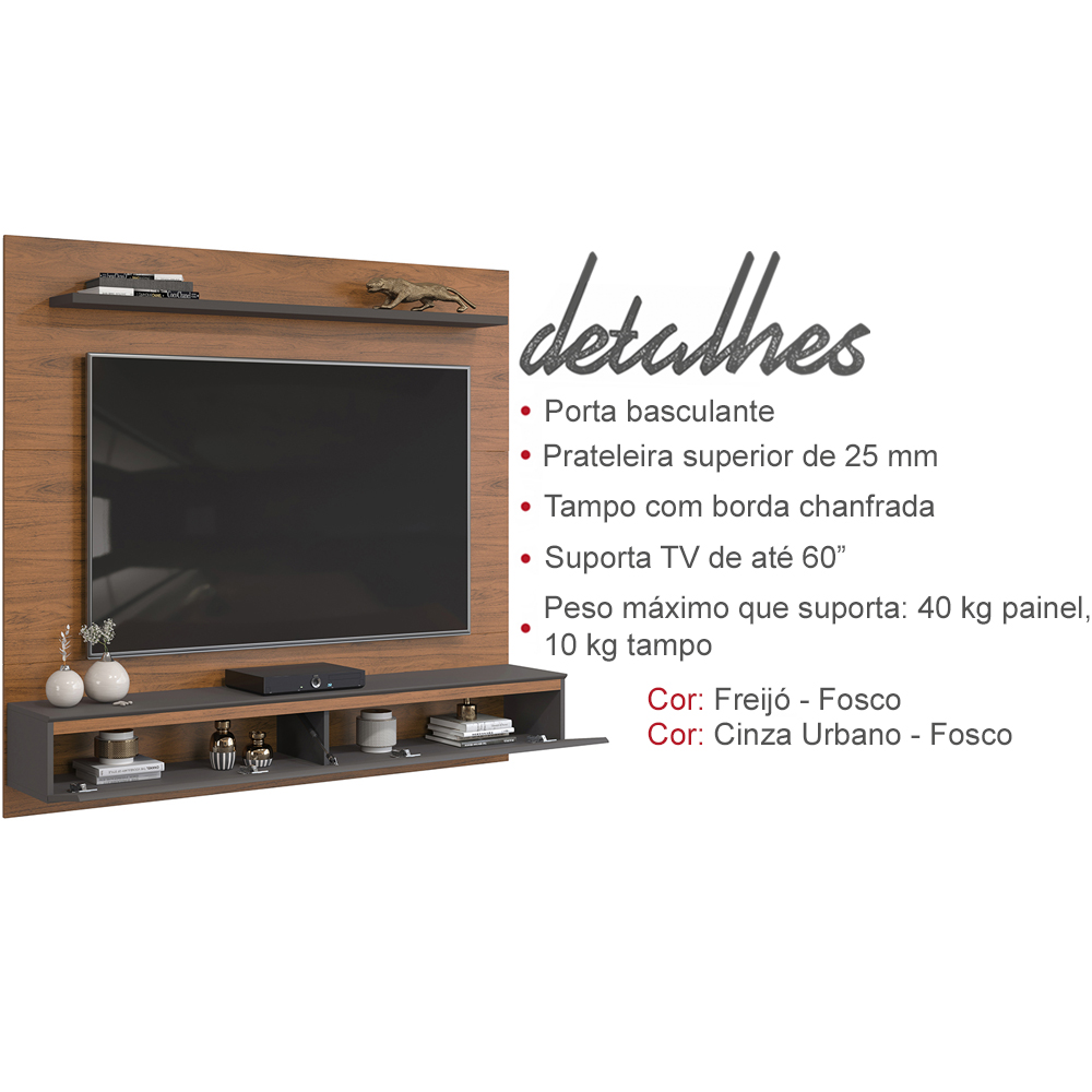 Painel Suspenso TV 60 Pol 160 cm 27111 Freijo Cinza Urbano DJ Moveis