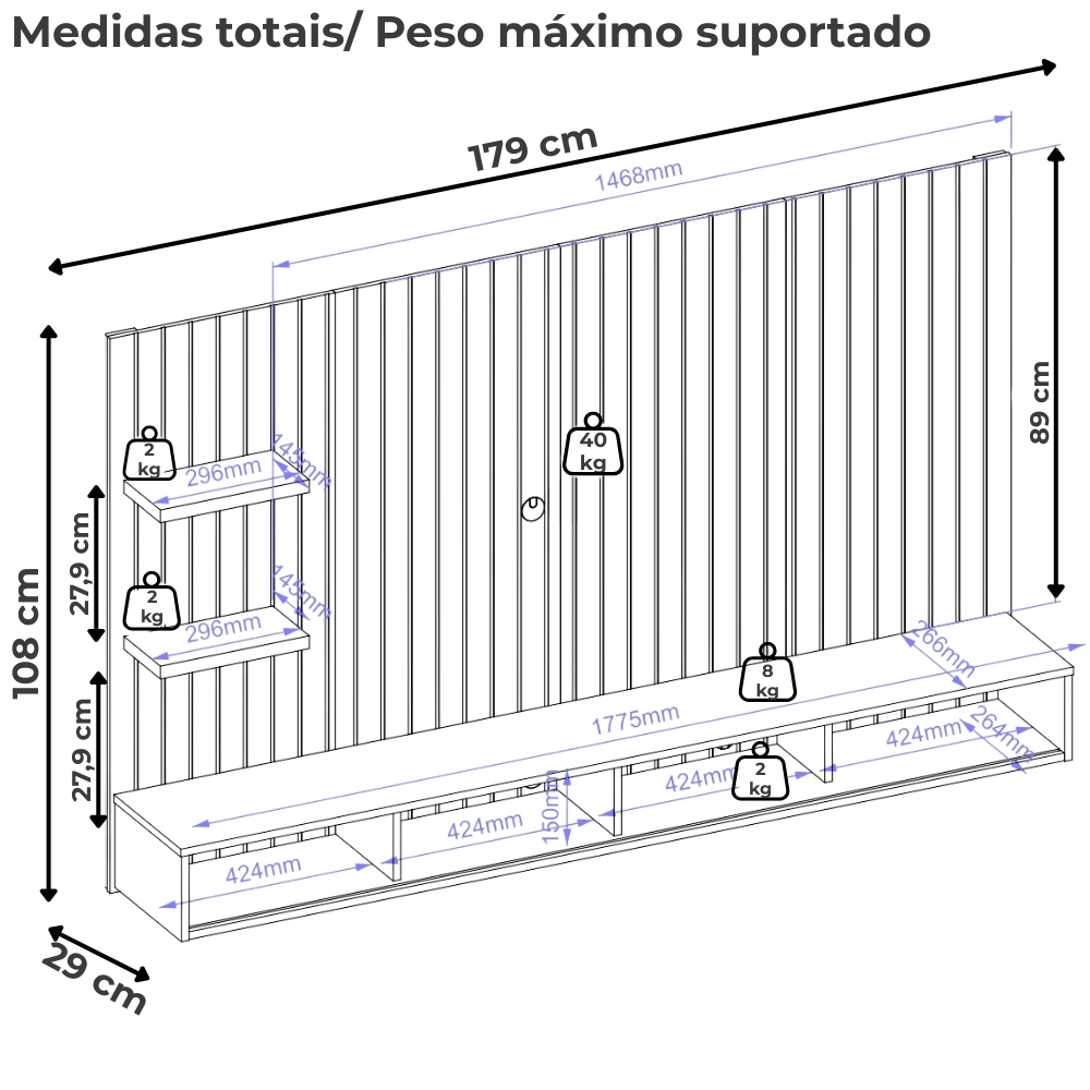 Painel Suspenso Tv 60 Pol 179 cm Friz Cedro Bali Dj Moveis