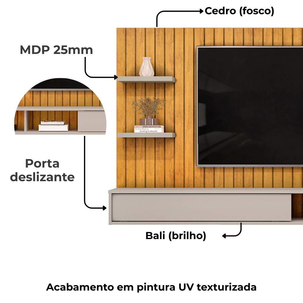 Painel Suspenso Tv 60 Pol 179 cm Friz Cedro Bali Dj Moveis