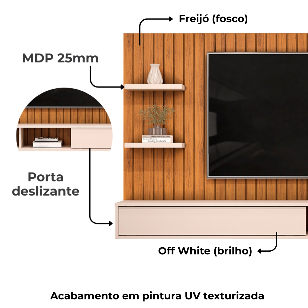Painel Suspenso Tv 60 Pol 179 cm Friz Freijó Off White Dj Moveis
